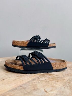 Birkenstock Sandals Granada Black Leather Strappy Slip On Slides Womens 7 EU 38